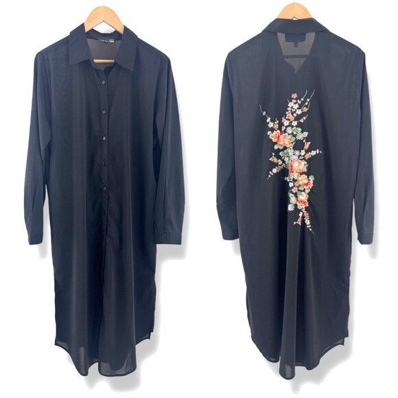 Black Shirt Dress Buttons Duster Floral Embroidered Size‎ Large Boho Bohemian - Picture 1 of 11